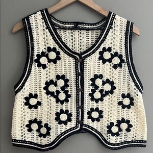Crochet Floral Vest in Black and Cream